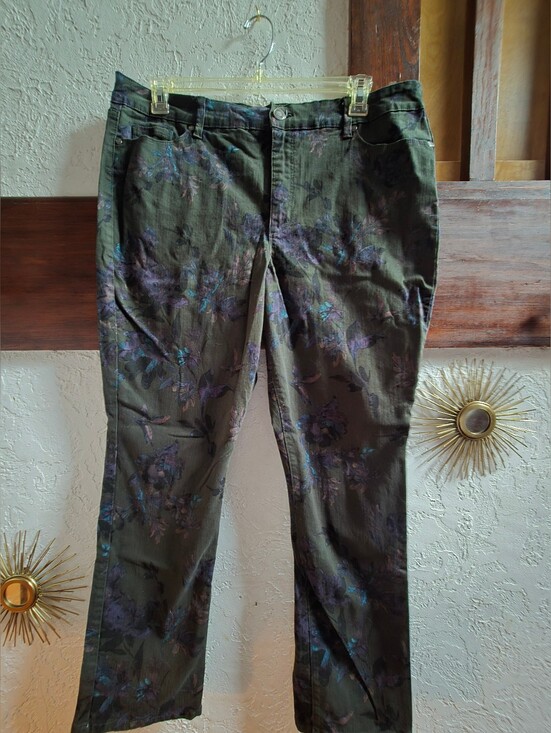 Bandolino Pants - Bandolino Olive Green Straight Leg Pants with Purple Floral Print